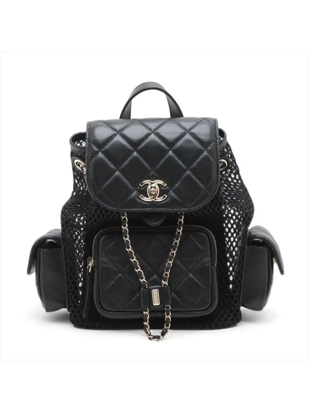 Chanel Quilted Lambskin Chain Backpack Mesh Black Gold Random Plate